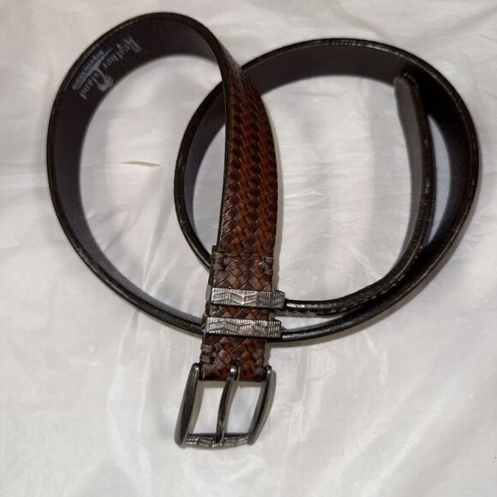 Leather Island Belt 38 Bill Lavin Brown Mens‎ Stripe 1" Silver Buckle Dress
